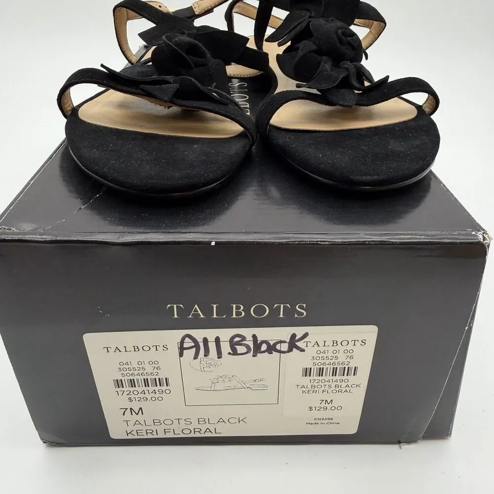 Vintage Talbots Size 7 Black Floral Suede‎ Sandals Flat Summer Prom Shoes NIB
